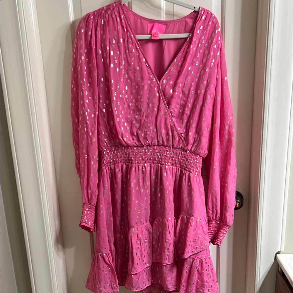 Pink Long Sleeve Dress with Gold Dots